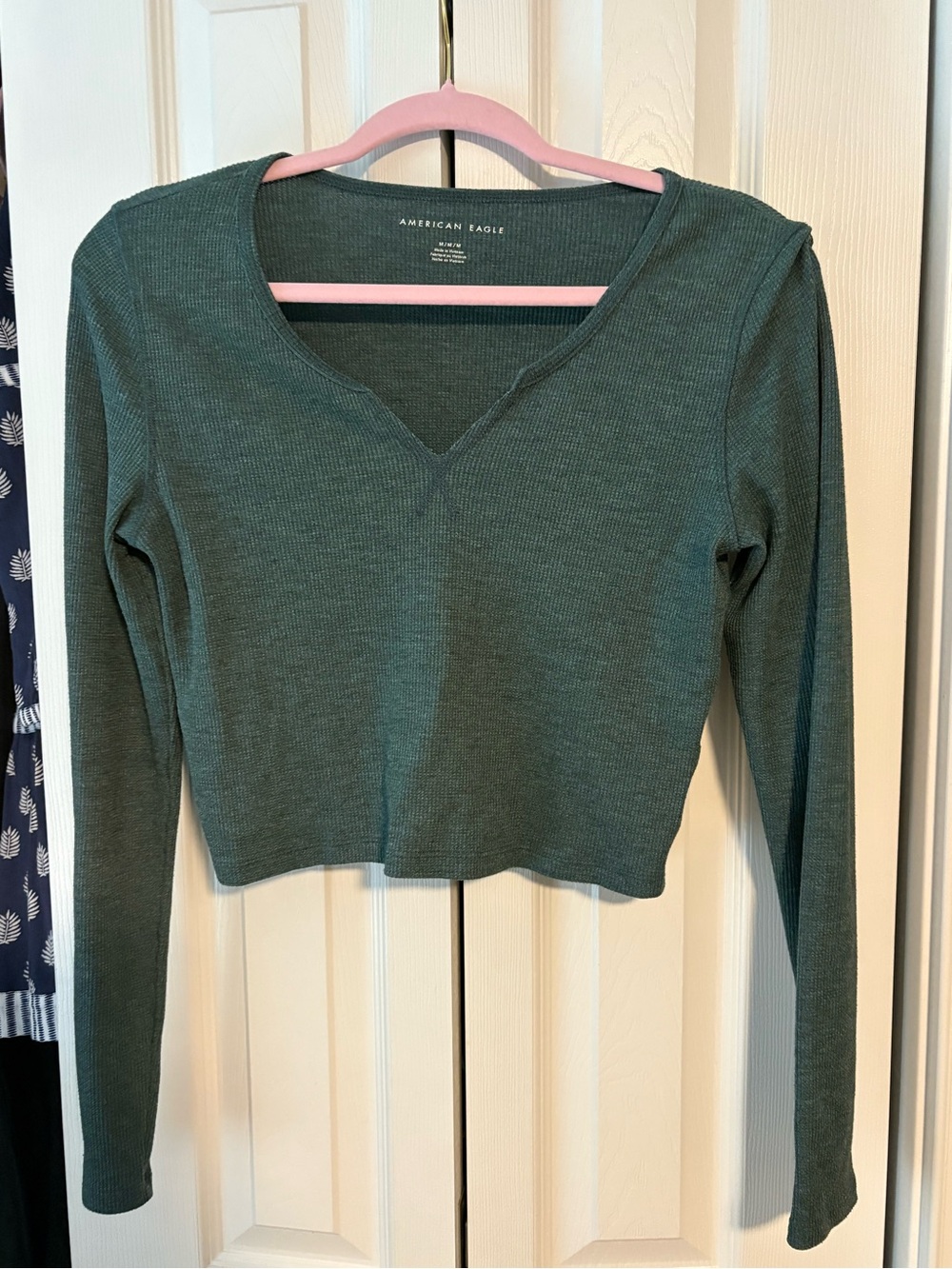 American Eagle Outfitters Teal Green Long Sleeve V-Neck Crop Top